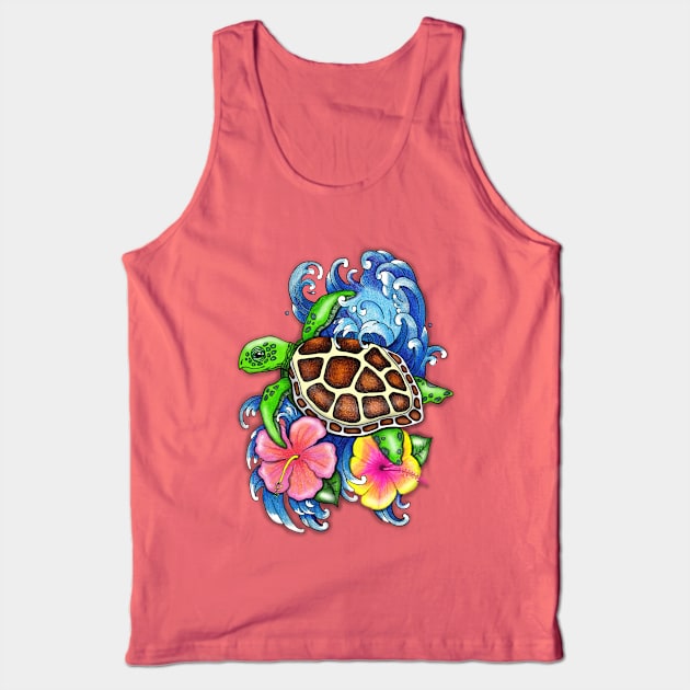 Tropical Sea Turtle and Hibiscus Tank Top by SandraGale Art